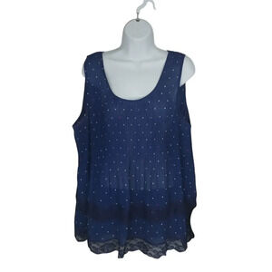 Michel Studio Collection Semi-Sheer Pleated Sleeveless Blouse Polka Dots Blue 18